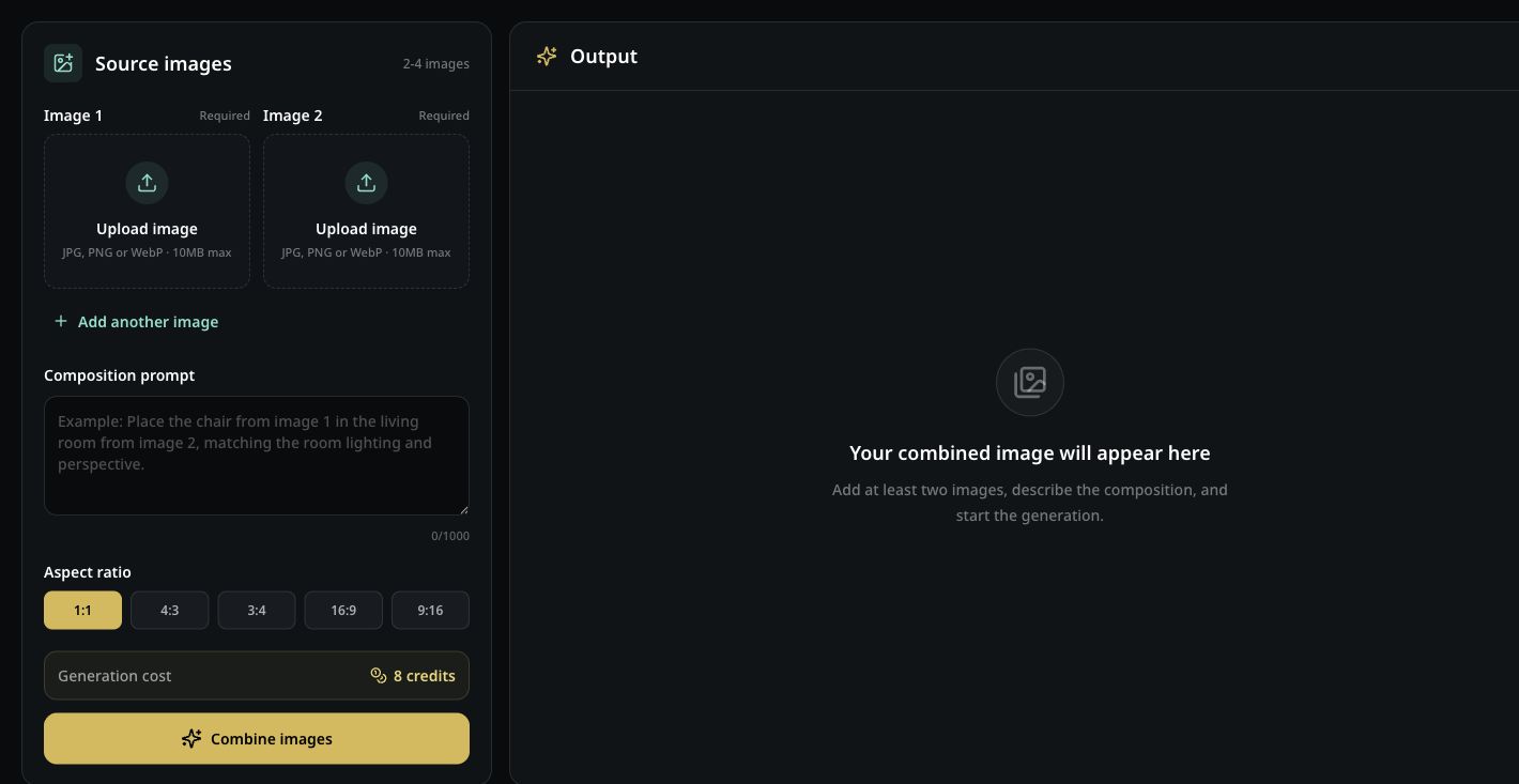 AI Image Combiner workspace with image uploads, prompt controls, aspect ratios, and an output preview
